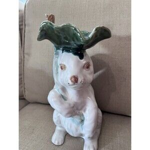 Vintage White Rabbit Cactus Flower Majolica Art Pottery Figural Vase Figurine